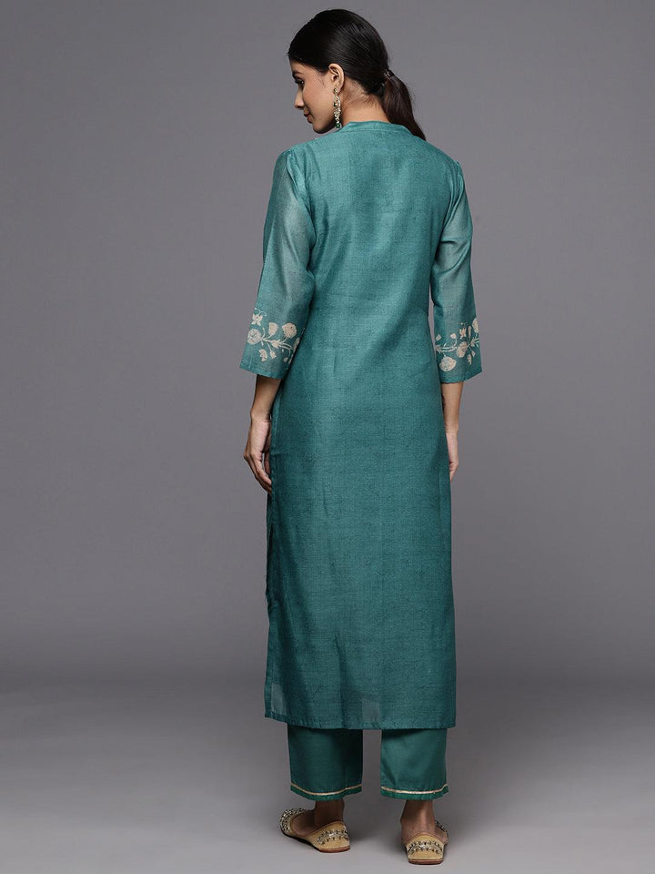 Rama Green Embroidered Chanderi Silk Straight Kurta With Trousers - ShopLibas