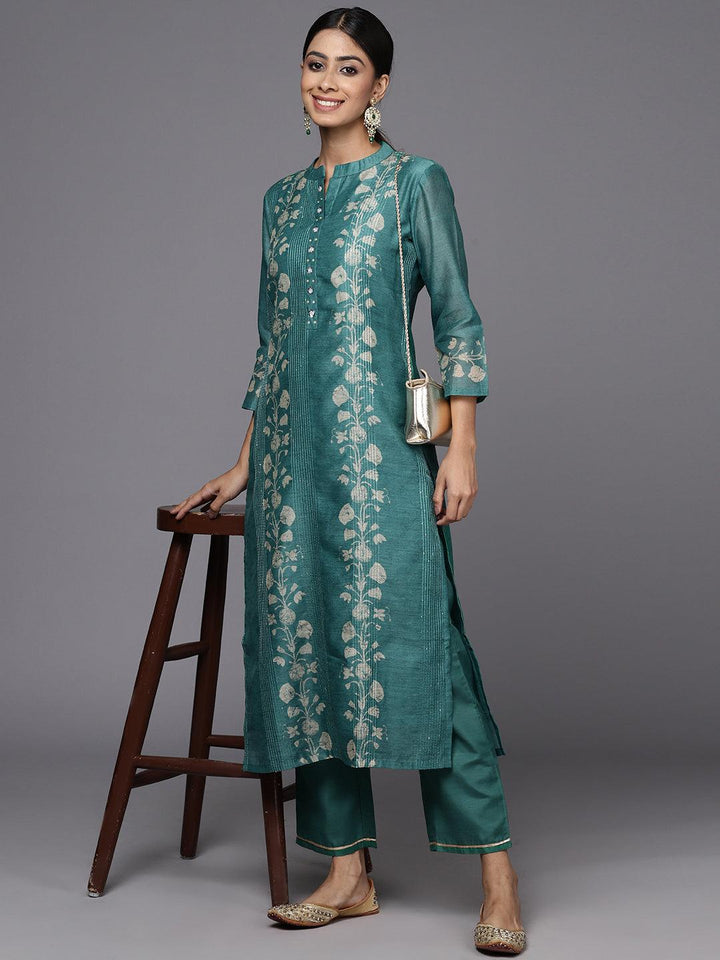 Rama Green Embroidered Chanderi Silk Straight Kurta With Trousers - ShopLibas