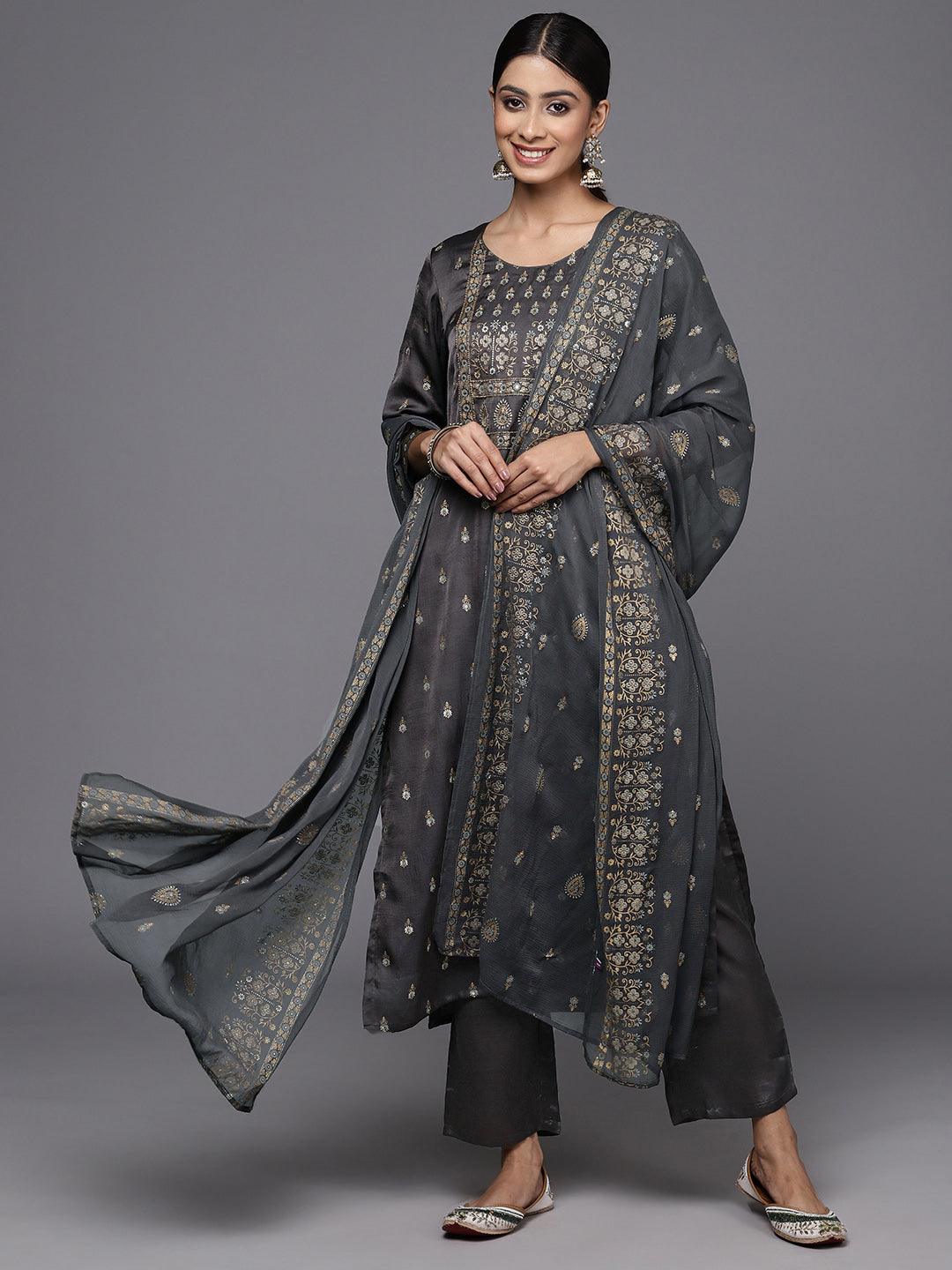 Grey Yoke Design Silk Blend Straight Kurta With Trousers & Dupatta - ShopLibas