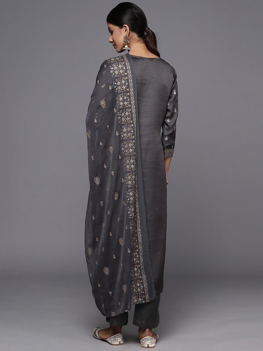 Grey Yoke Design Silk Blend Straight Kurta With Trousers & Dupatta - ShopLibas