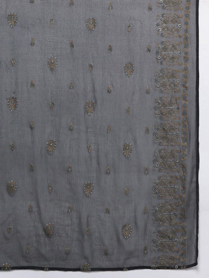 Grey Yoke Design Silk Blend Straight Kurta With Trousers & Dupatta - ShopLibas