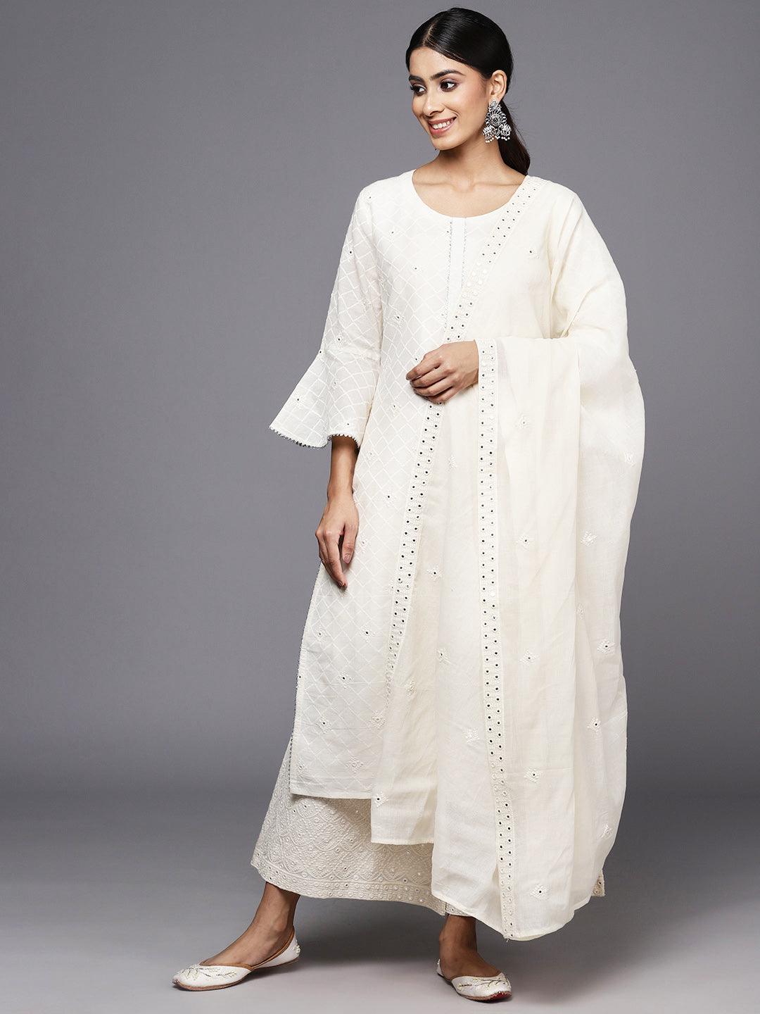 Off White Embroidered Cotton Straight Kurta With Palazzos & Dupatta - ShopLibas