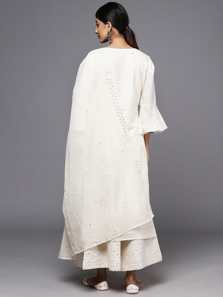 Off White Embroidered Cotton Straight Kurta With Palazzos & Dupatta - ShopLibas