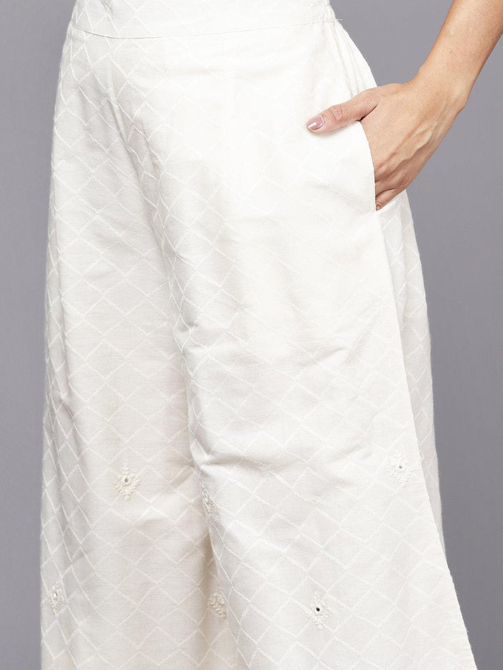 Off White Embroidered Cotton Straight Kurta With Palazzos & Dupatta - ShopLibas