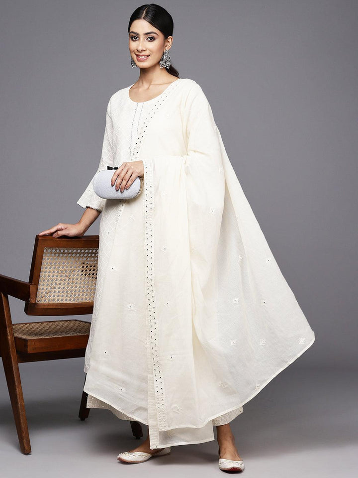 Off White Embroidered Cotton Straight Kurta With Palazzos & Dupatta - ShopLibas