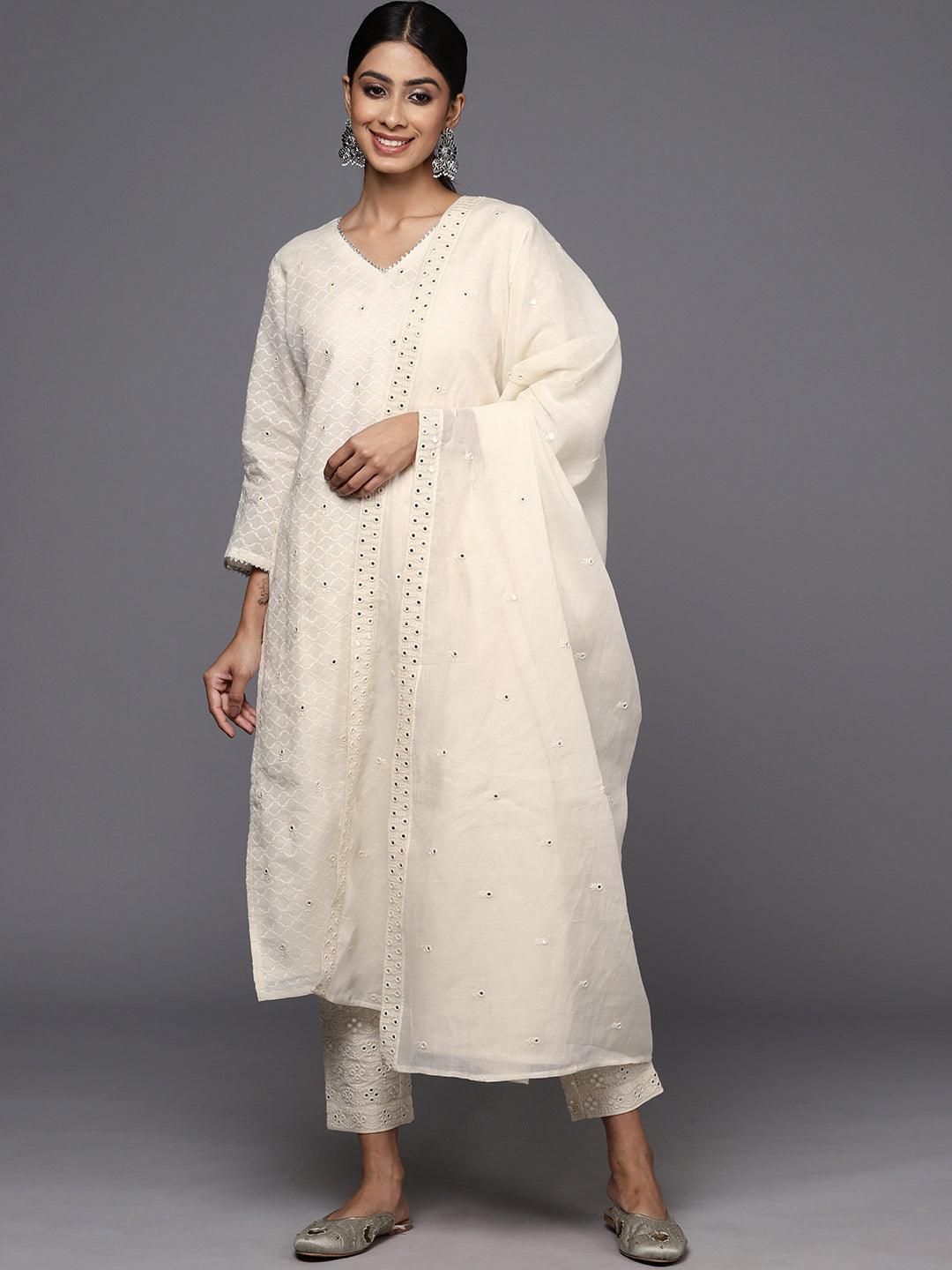 Off White Embroidered Cotton Straight Kurta With Trousers & Dupatta - ShopLibas