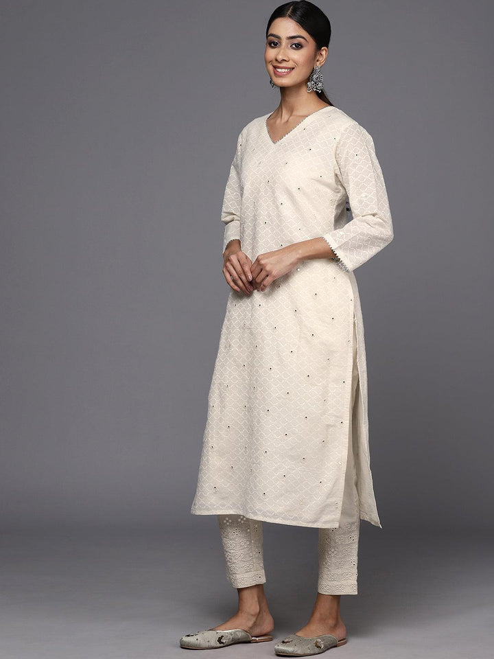 Off White Embroidered Cotton Straight Kurta With Trousers & Dupatta - ShopLibas