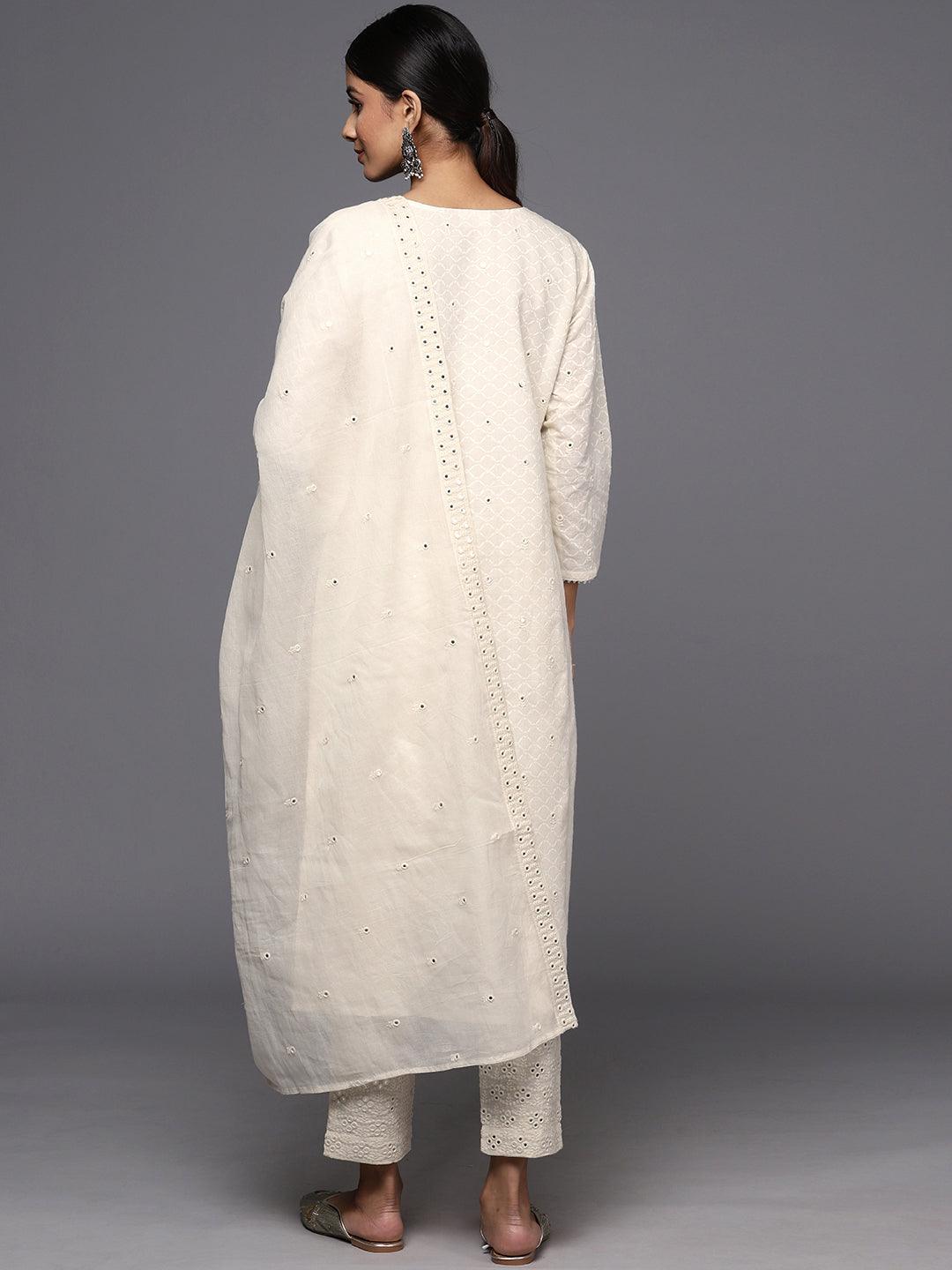 Off White Embroidered Cotton Straight Kurta With Trousers & Dupatta - ShopLibas