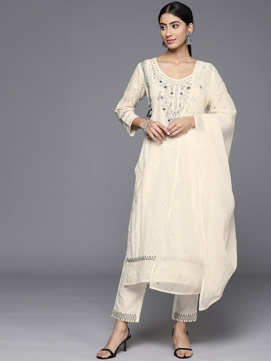 Off White Embroidered Cotton Straight Kurta With Trousers & Dupatta - ShopLibas