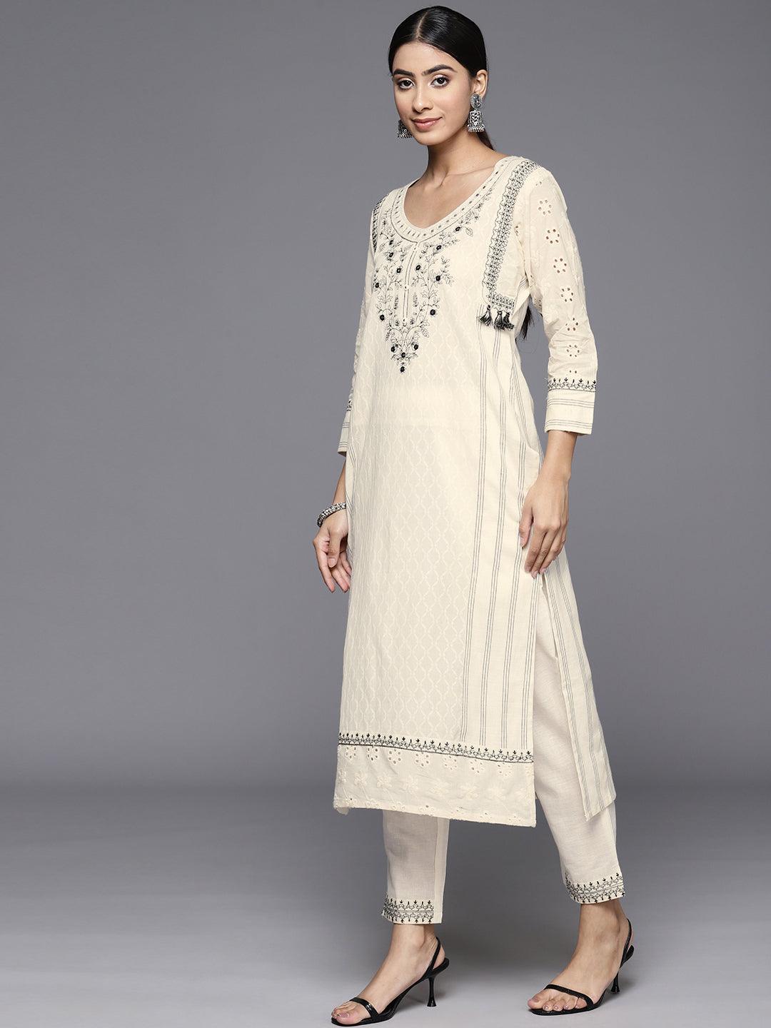 Off White Embroidered Cotton Straight Kurta With Trousers & Dupatta - ShopLibas