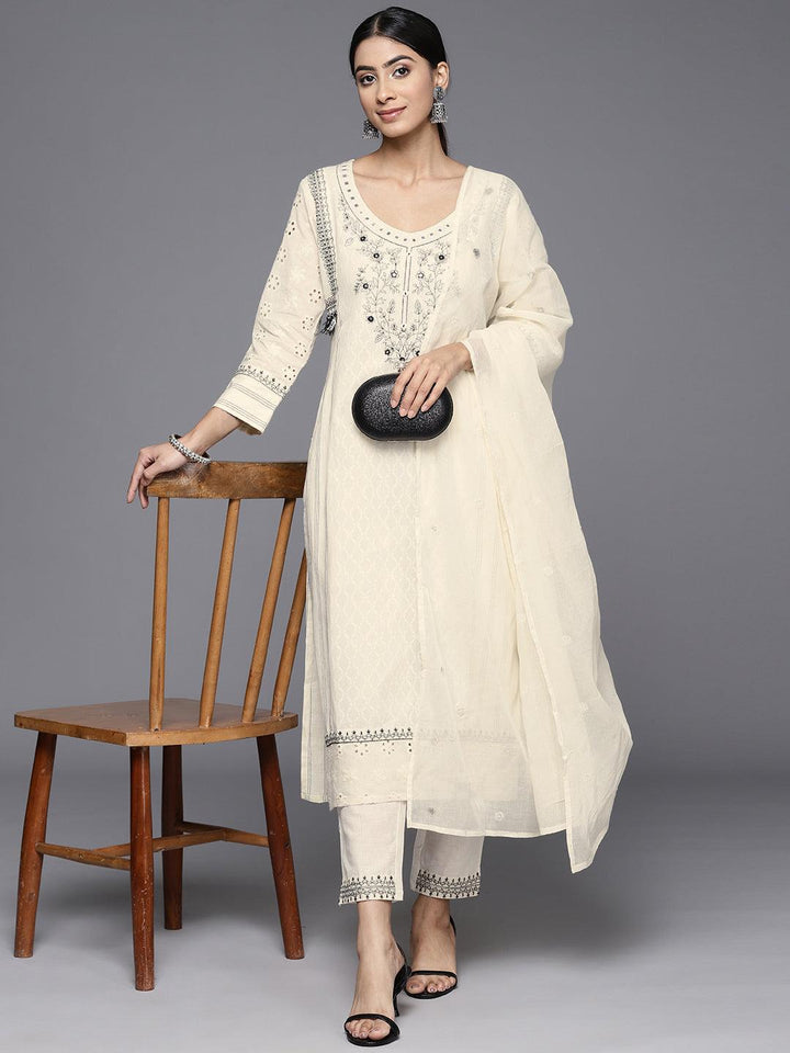 Off White Embroidered Cotton Straight Kurta With Trousers & Dupatta - ShopLibas