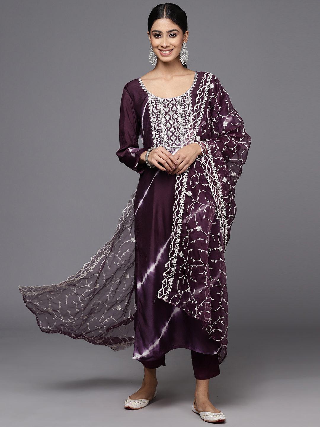 Wine Yoke Design Silk Blend Straight Kurta With Trousers & Dupatta - ShopLibas