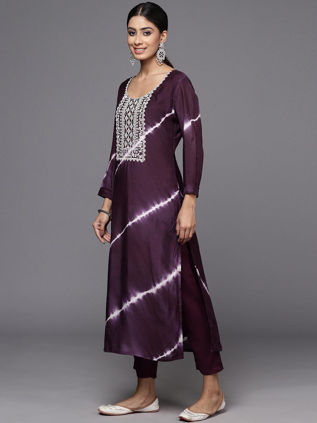 Wine Yoke Design Silk Blend Straight Kurta With Trousers & Dupatta - ShopLibas