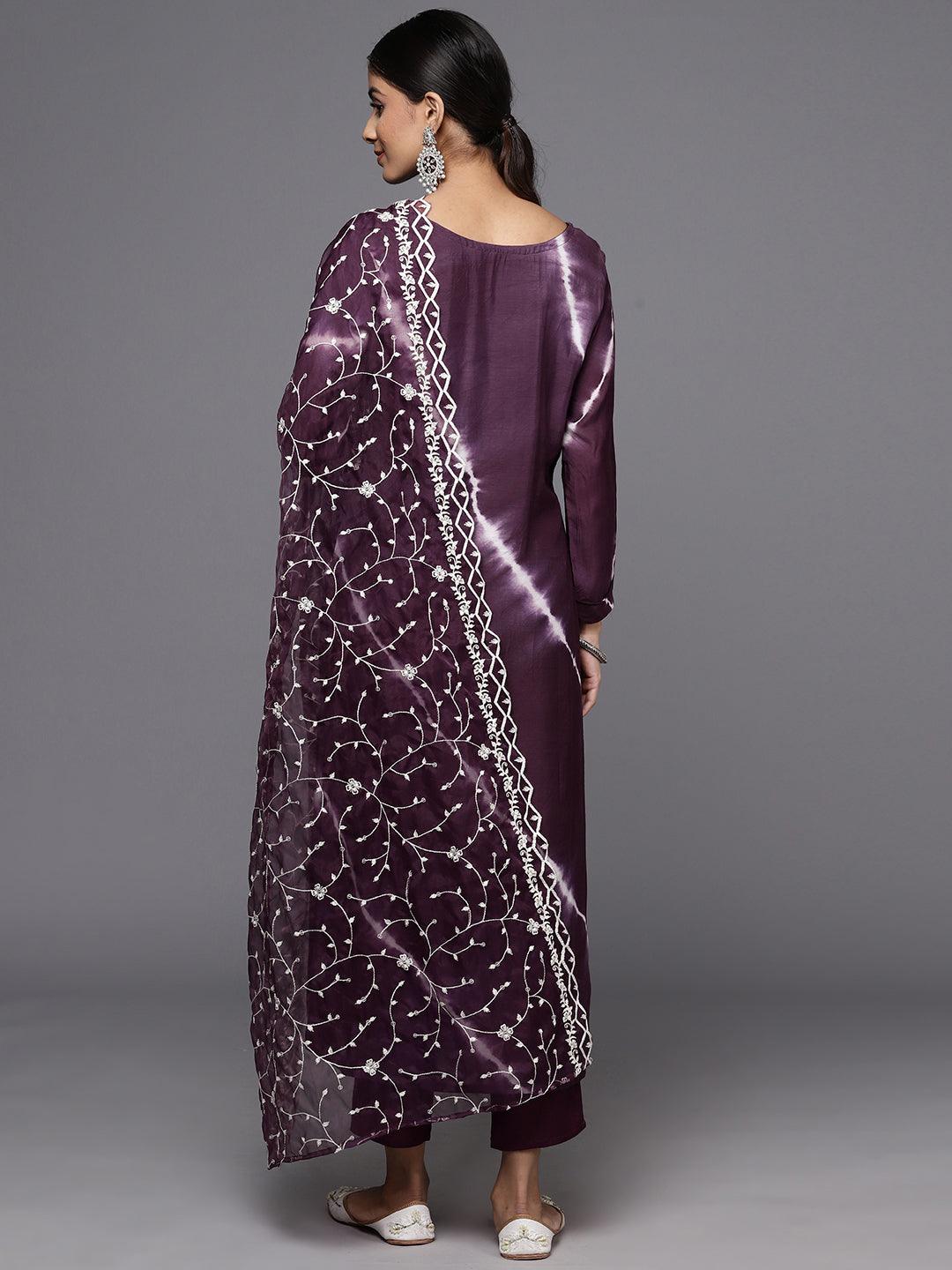 Wine Yoke Design Silk Blend Straight Kurta With Trousers & Dupatta - ShopLibas