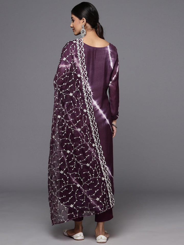 Wine Yoke Design Silk Blend Straight Kurta With Trousers & Dupatta - ShopLibas