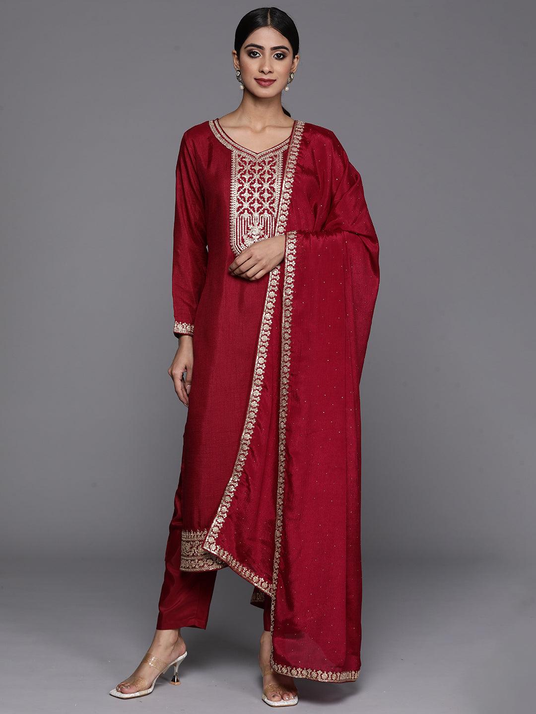 Maroon Printed Silk Blend Straight Kurta With Trousers & Dupatta