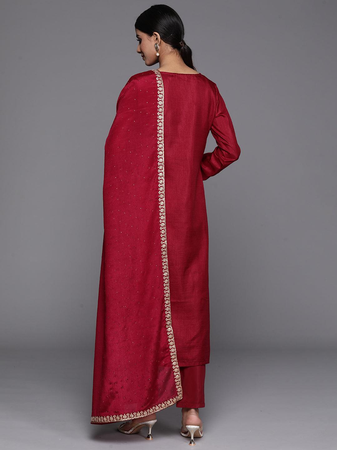 Maroon Printed Silk Blend Straight Kurta With Trousers & Dupatta