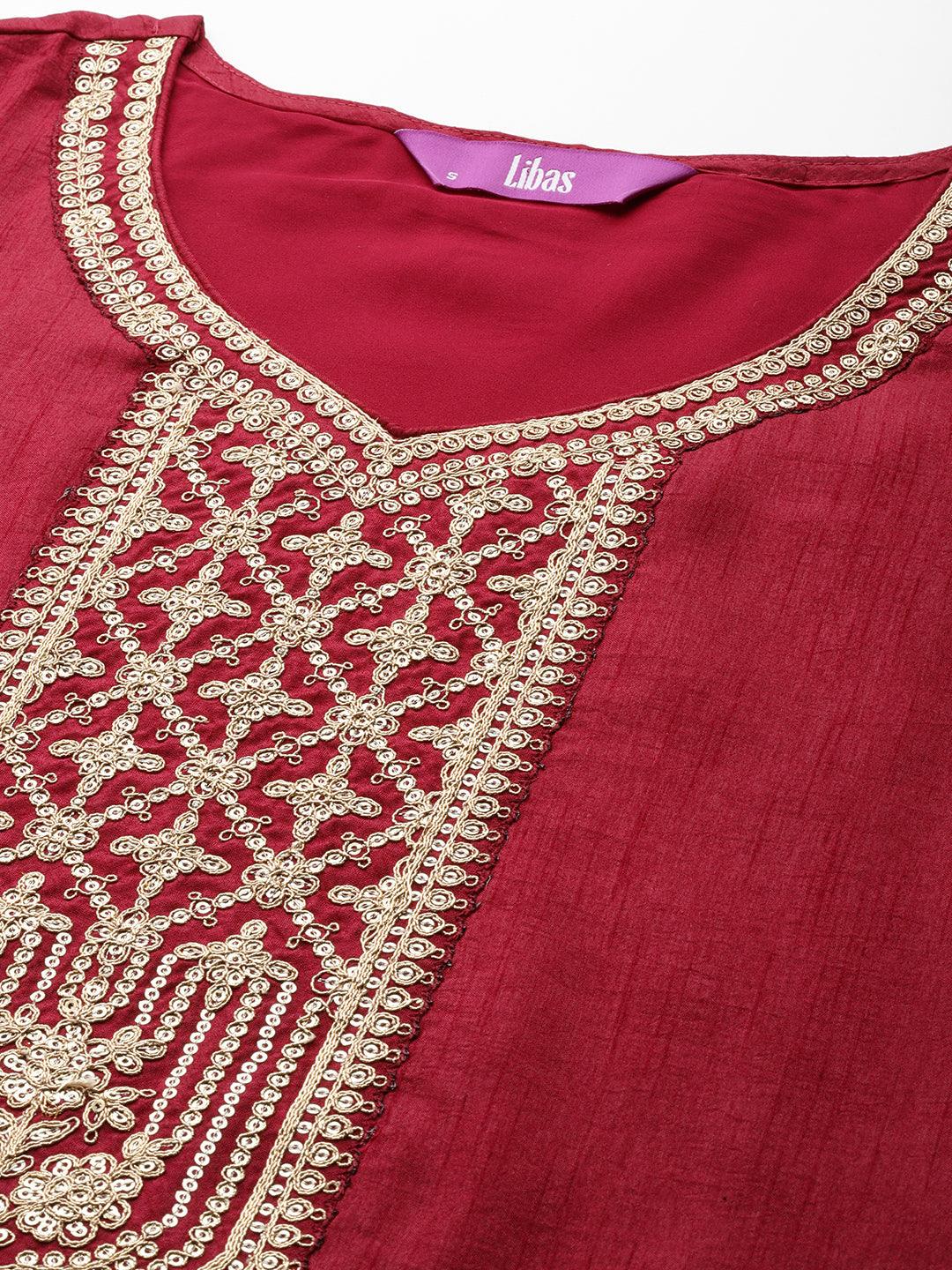 Maroon Printed Silk Blend Straight Kurta With Trousers & Dupatta