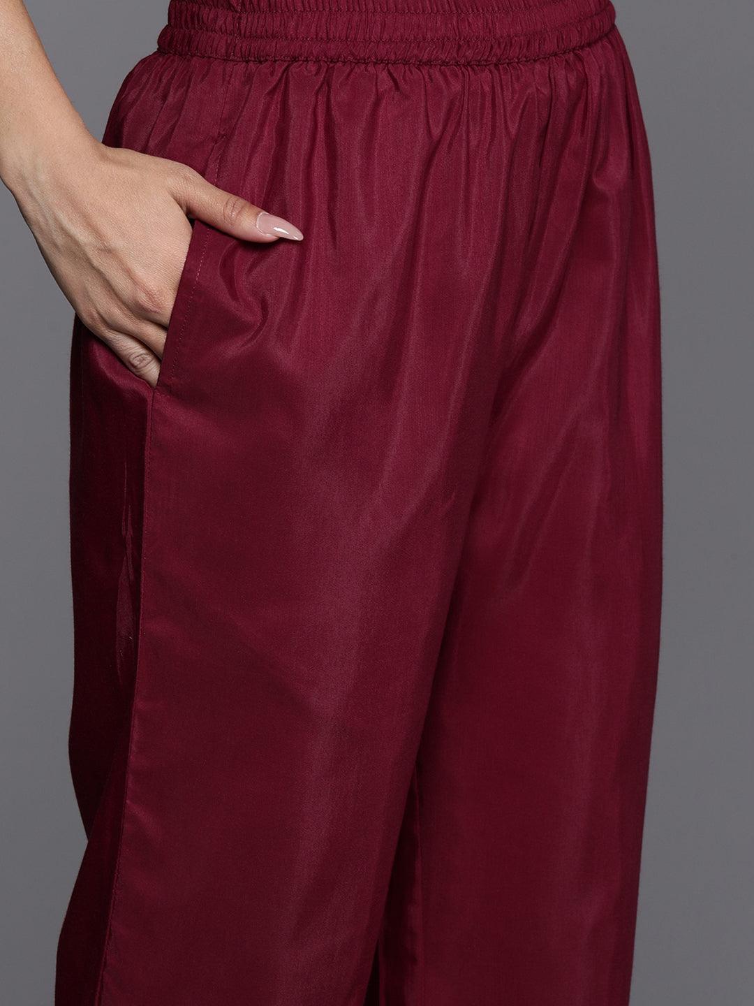 Maroon Printed Silk Blend Straight Kurta With Trousers & Dupatta