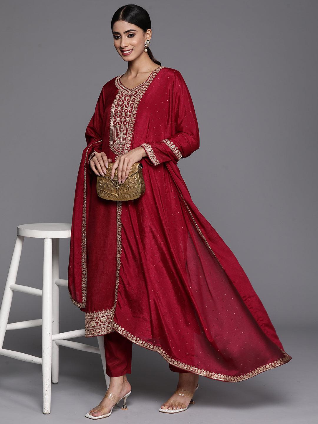 Maroon Printed Silk Blend Straight Kurta With Trousers & Dupatta