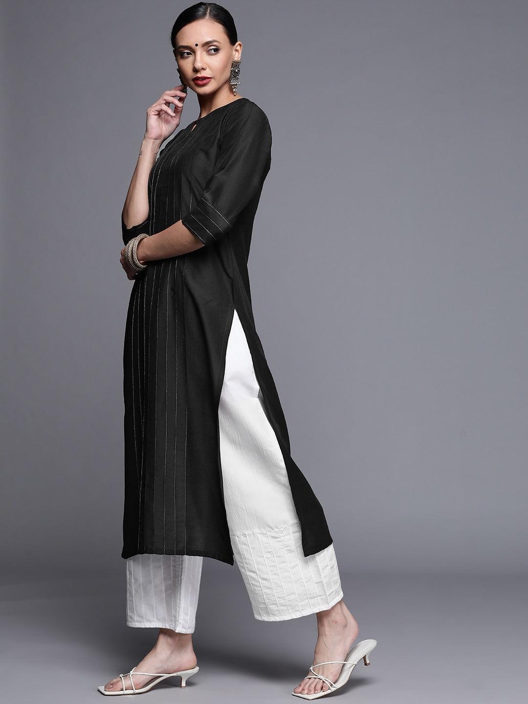 Black Solid Chanderi Silk Kurta - ShopLibas