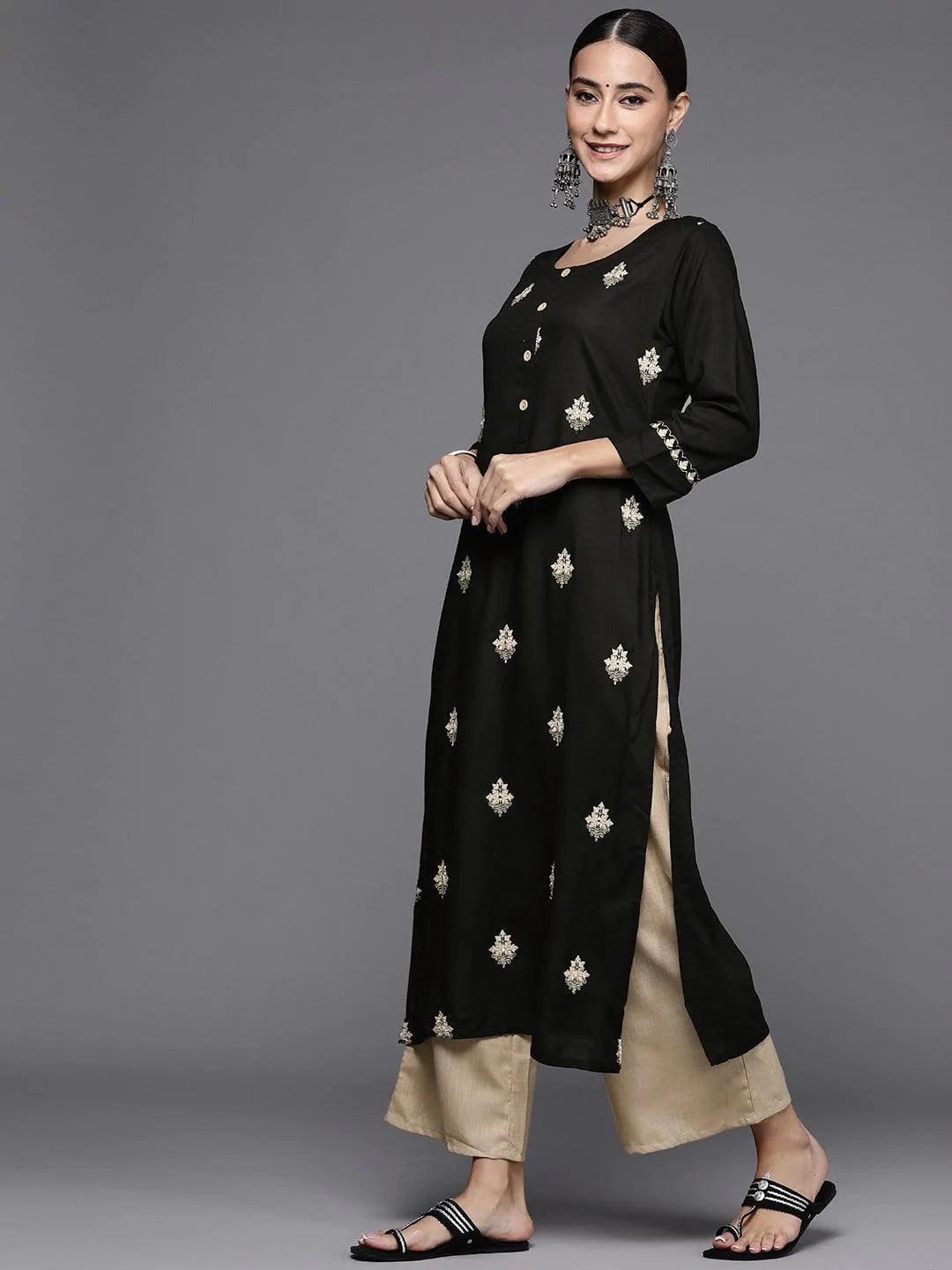 Black Embroidered Rayon Kurta Set