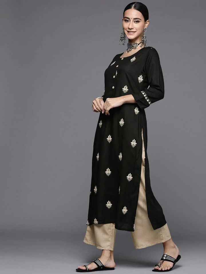 Black Embroidered Rayon Kurta Set - ShopLibas