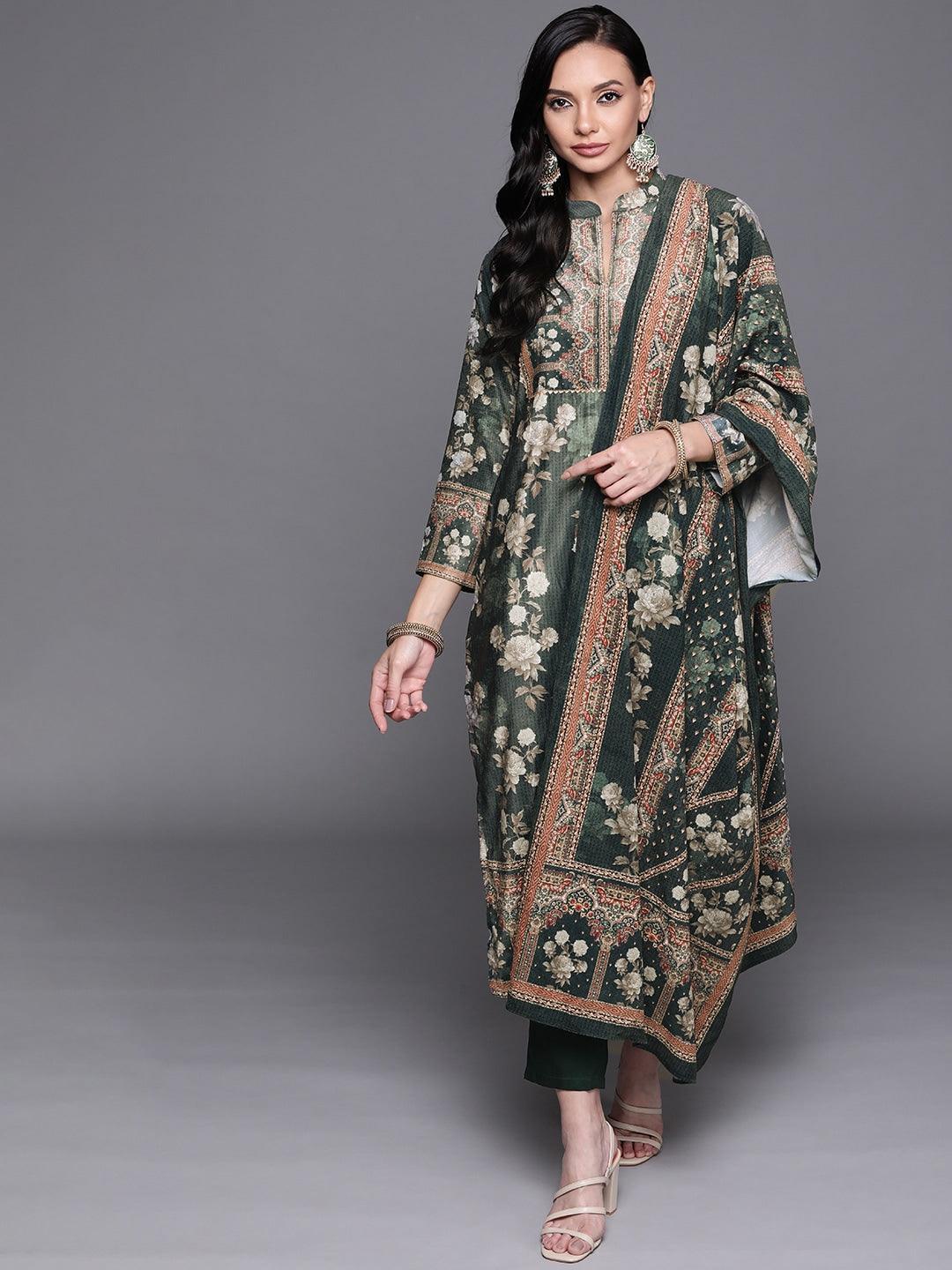 Green Printed Velvet Suit Set