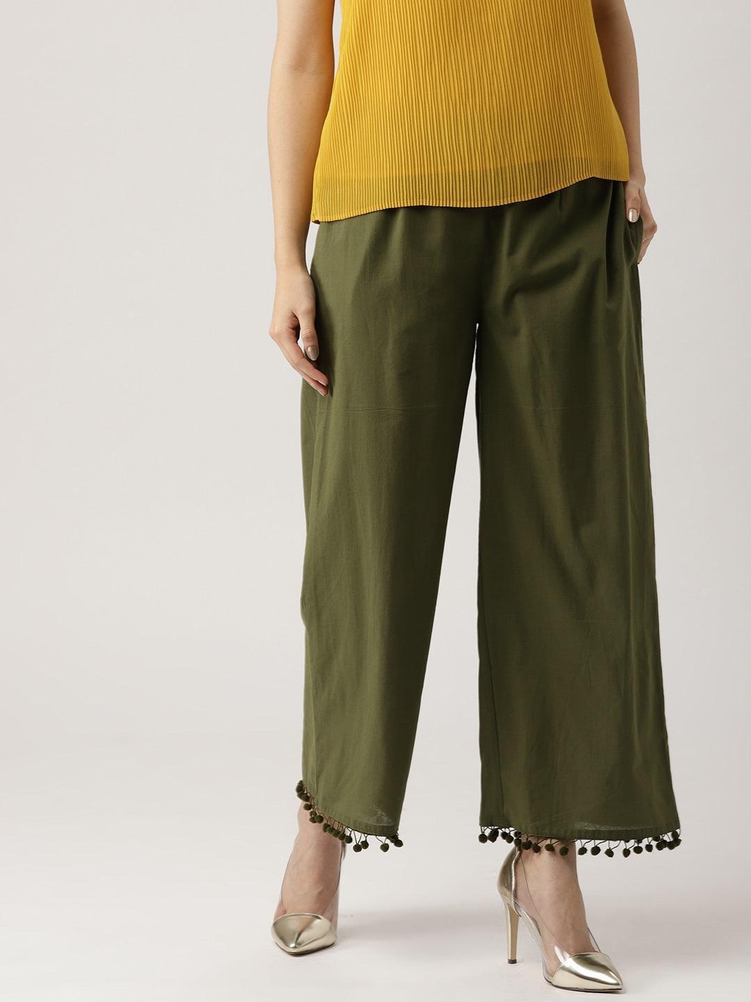 Green Solid Cotton Palazzos - ShopLibas