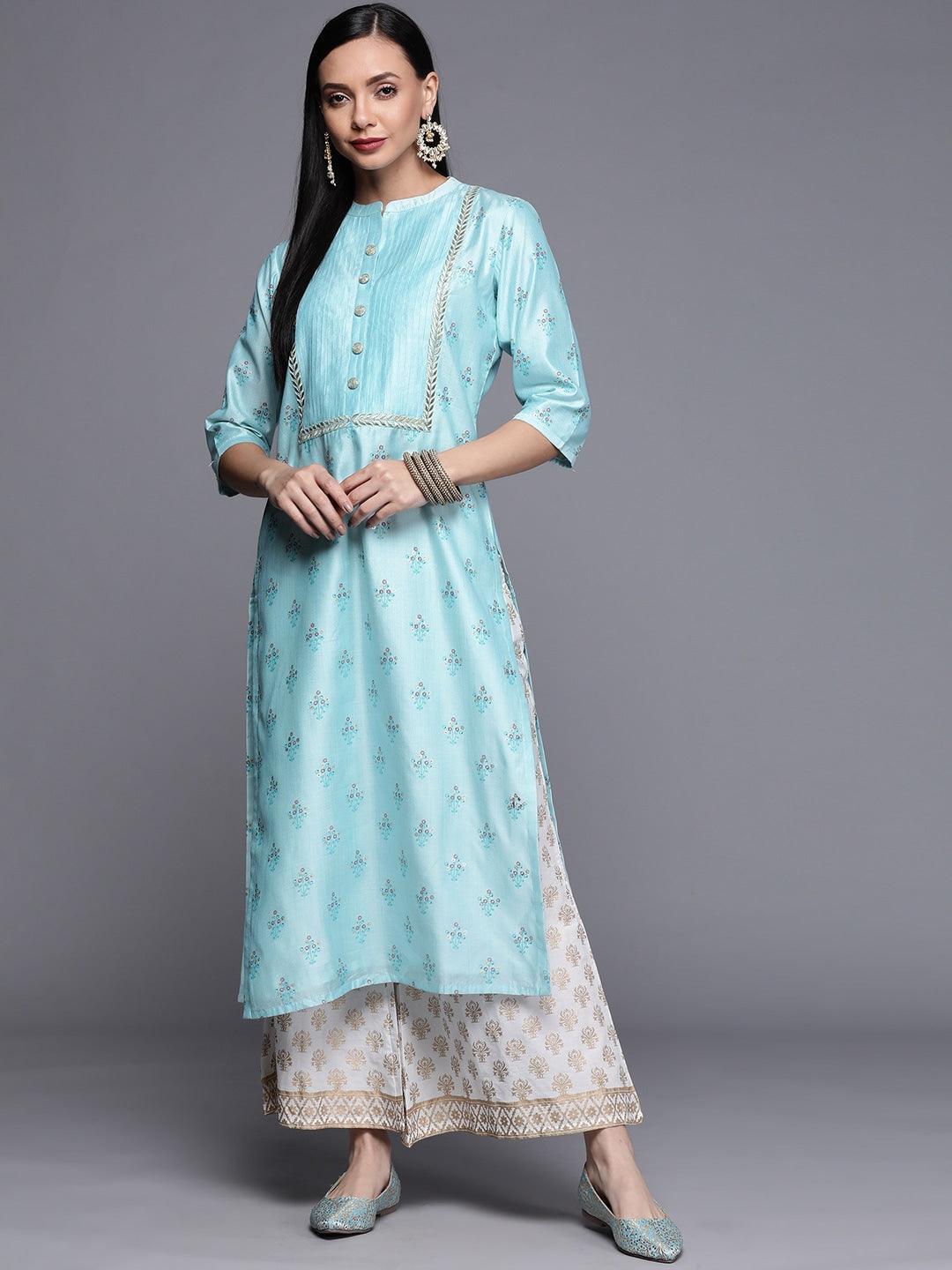 Blue Printed Chanderi Silk Kurta