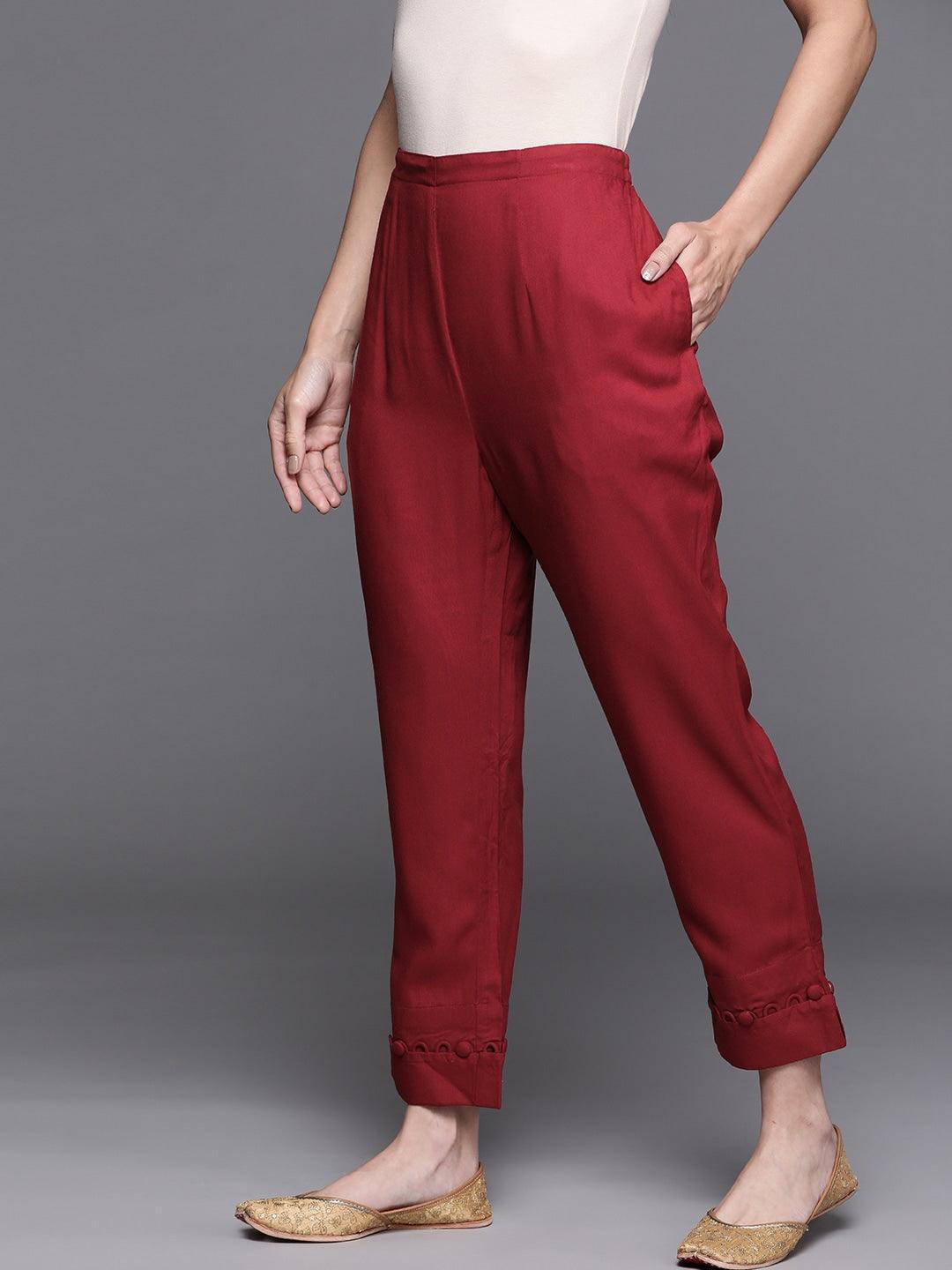 Maroon Solid Rayon Trousers - ShopLibas