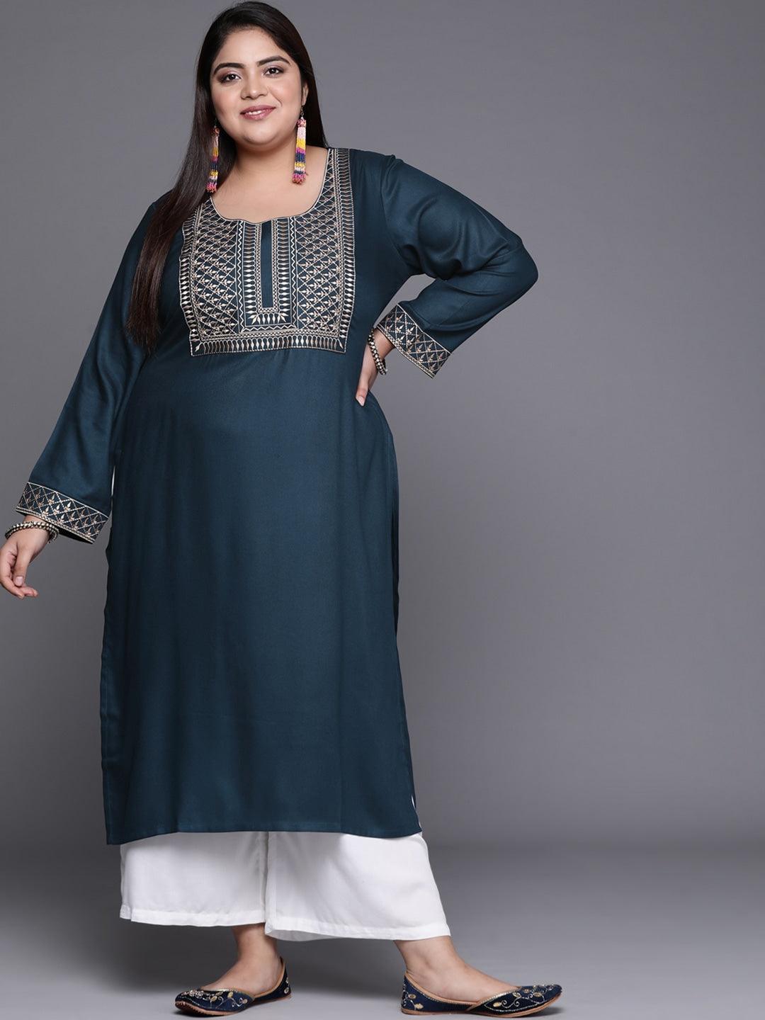 Plus Size Teal Blue Solid Wool Kurta