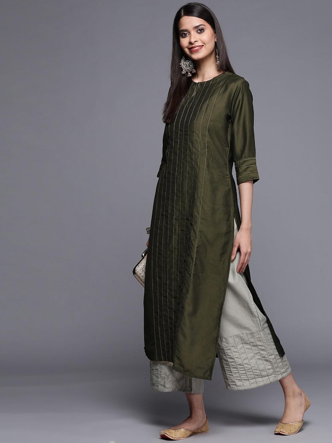 Green Solid Chanderi Silk Kurta - ShopLibas