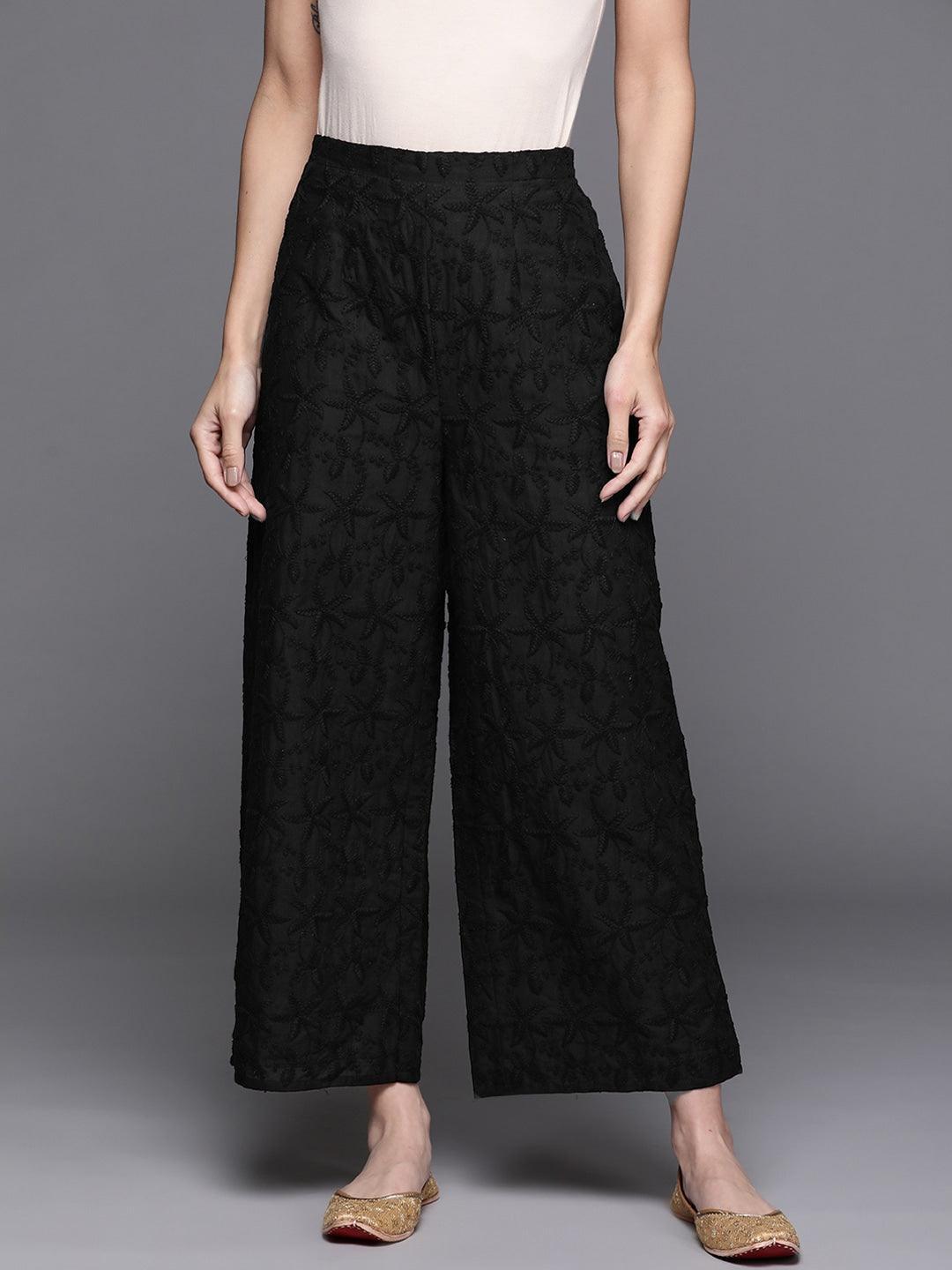 Black Embroidered Cotton Palazzos