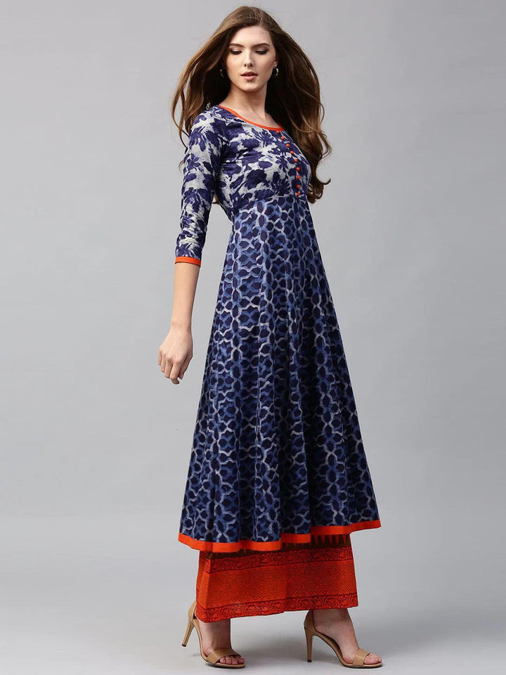 Blue Printed Cotton Kurta - ShopLibas