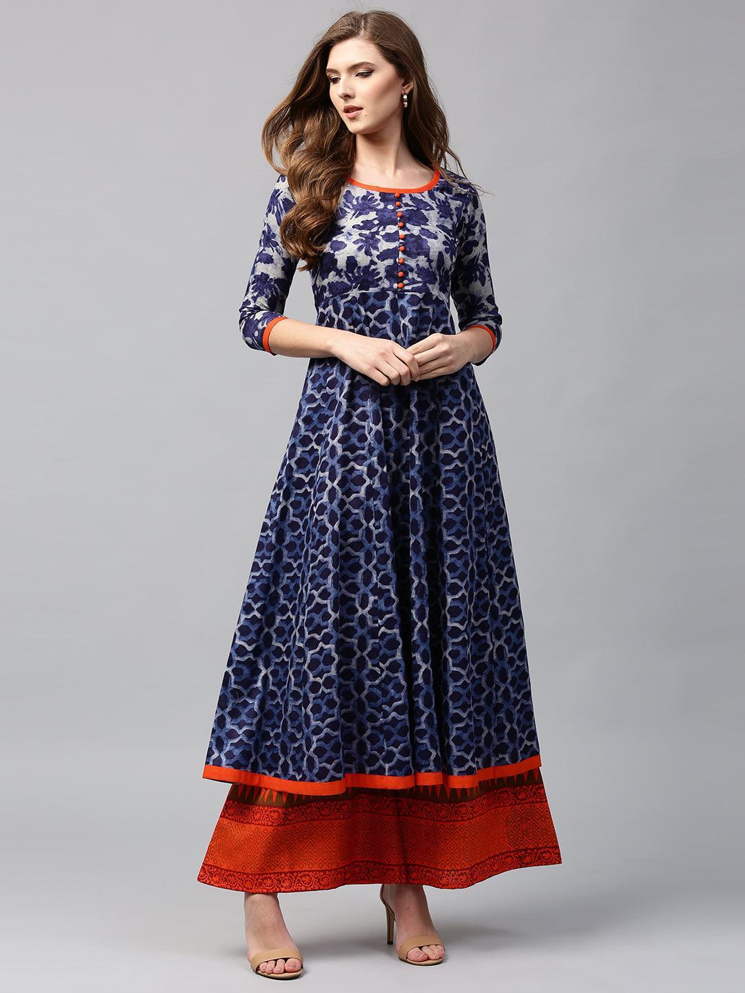 Blue Printed Cotton Kurta - ShopLibas