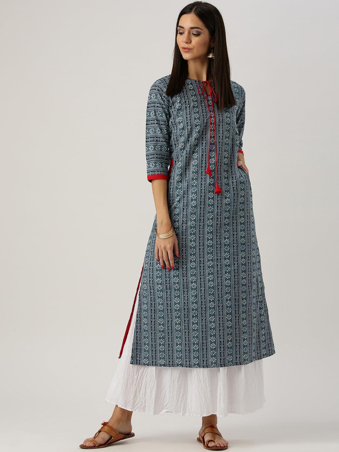 Grey Printed Cotton Kurta - ShopLibas