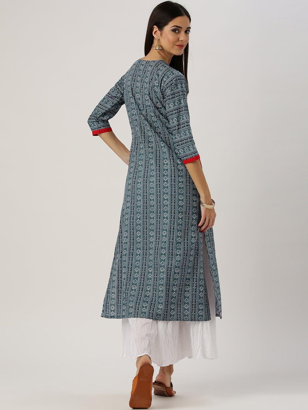 Grey Printed Cotton Kurta - ShopLibas