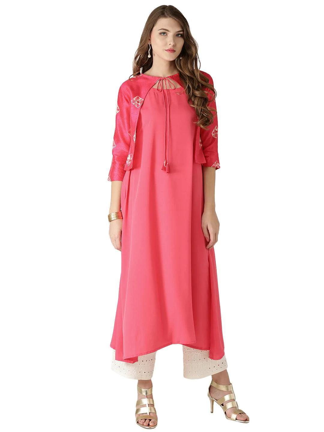 Pink Solid Crepe Kurta With Jacket