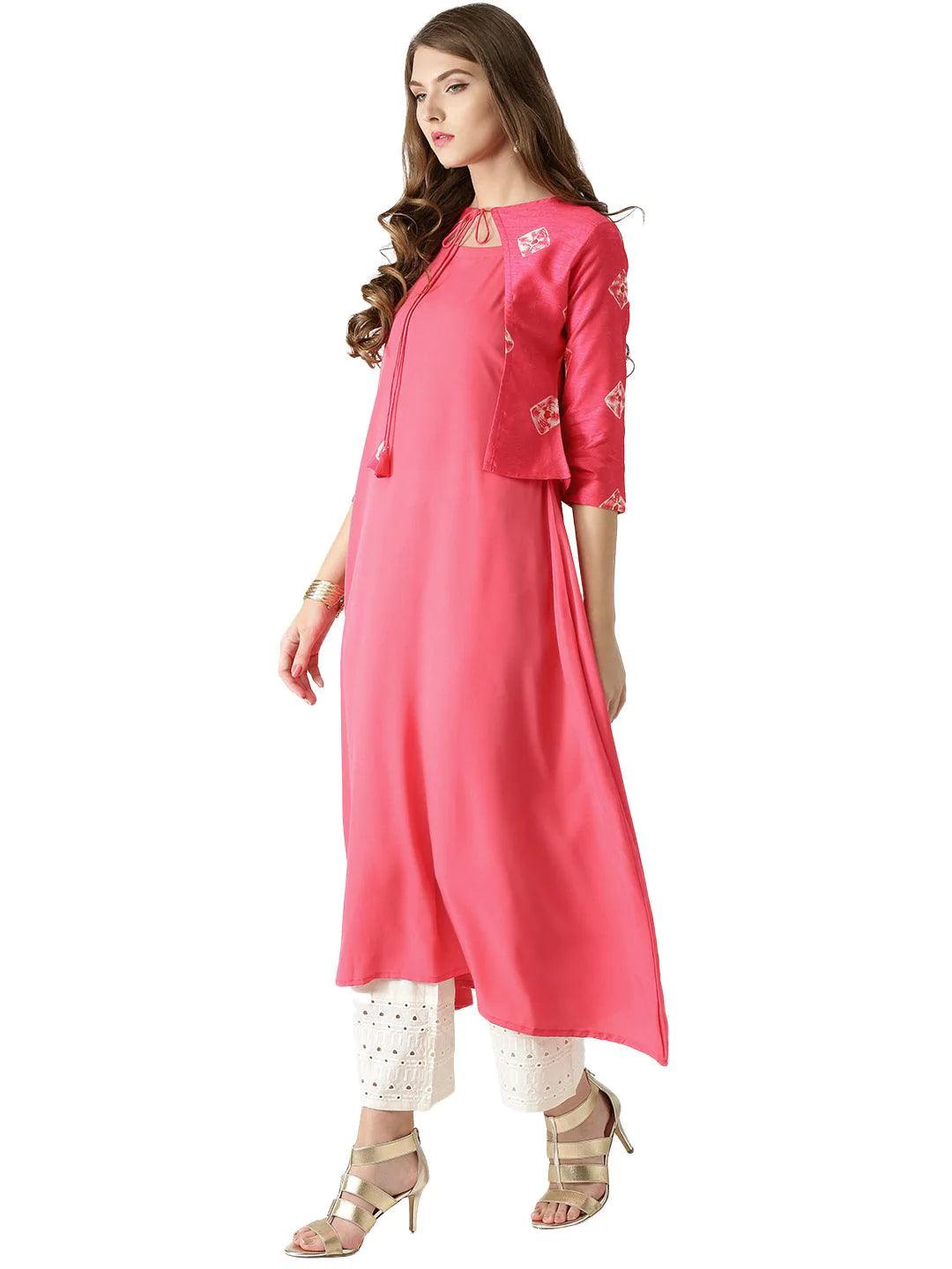 Pink Solid Crepe Kurta With Jacket