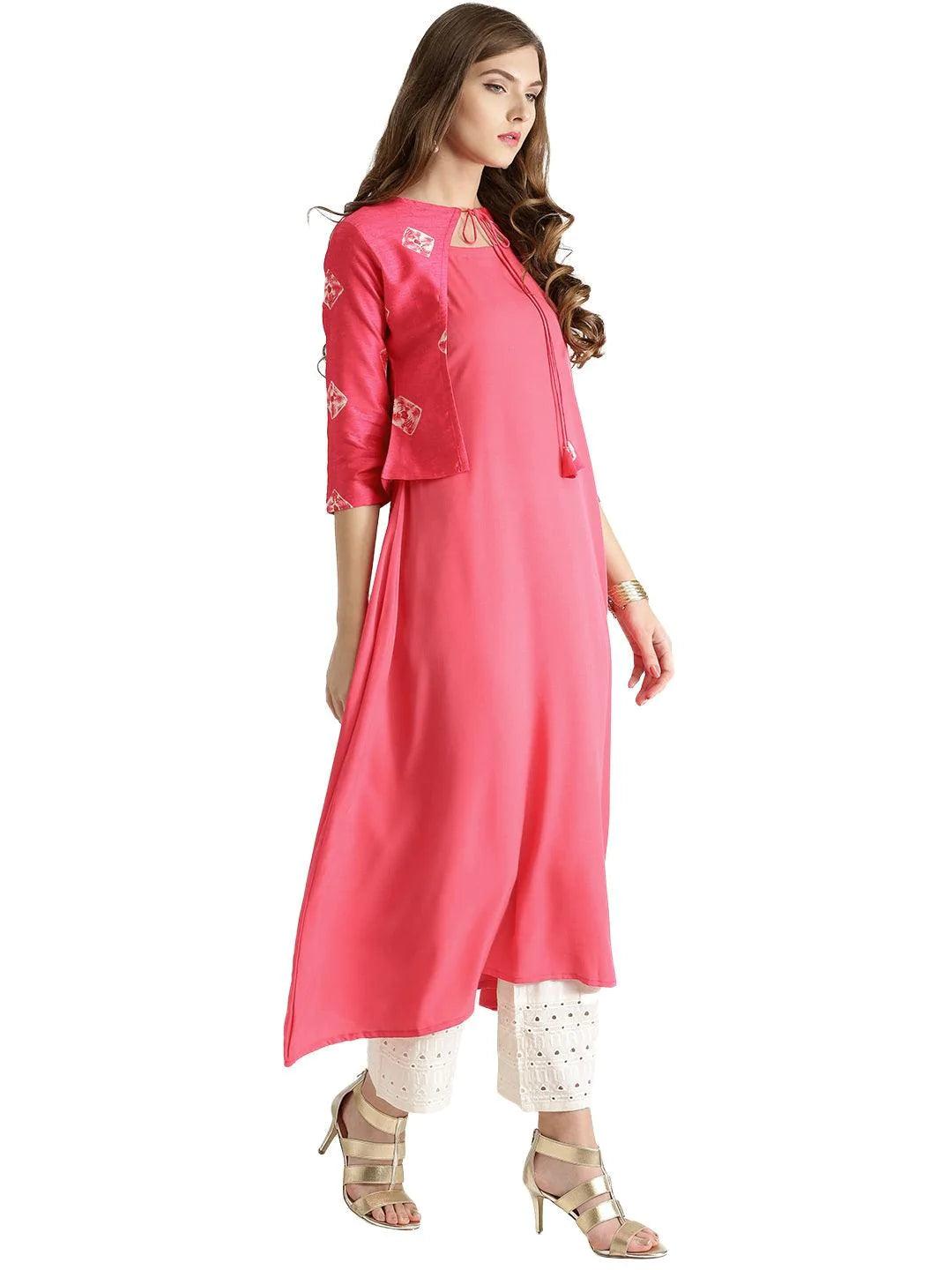 Pink Solid Crepe Kurta With Jacket