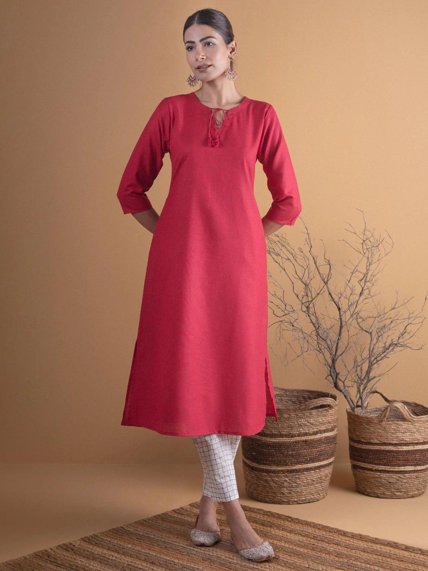 Maroon Solid Cotton Kurta