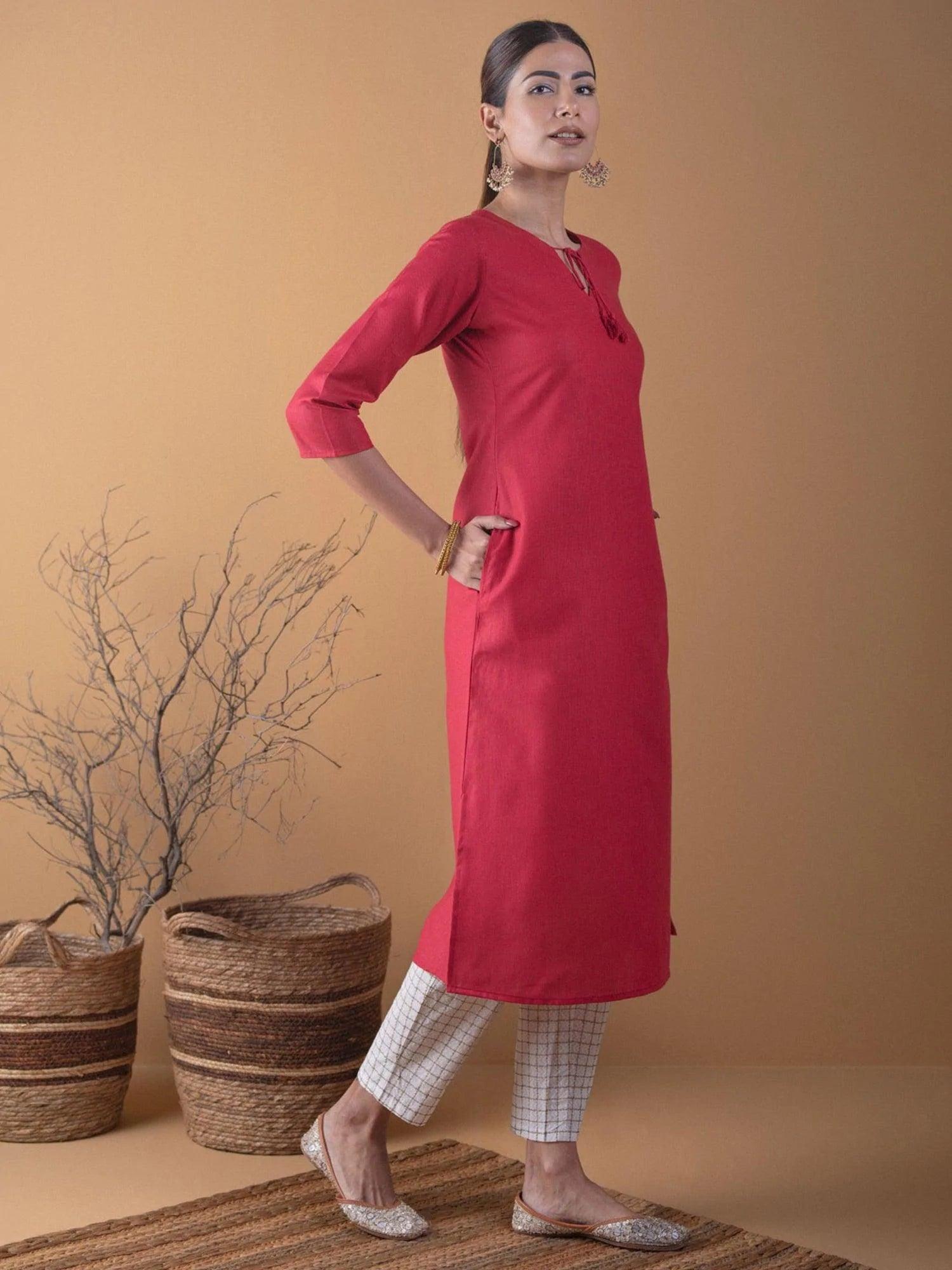 Maroon Solid Cotton Kurta