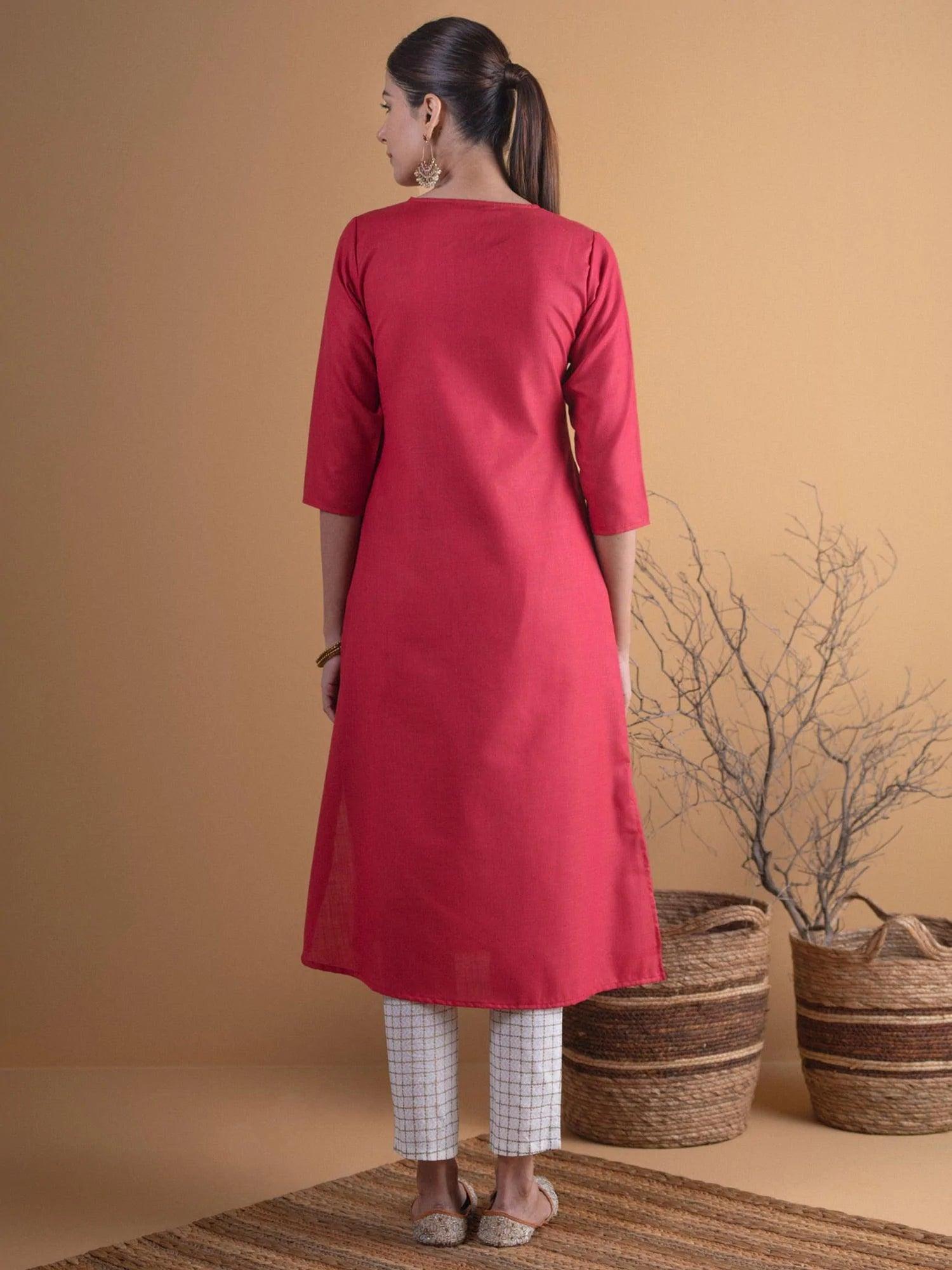 Maroon Solid Cotton Kurta