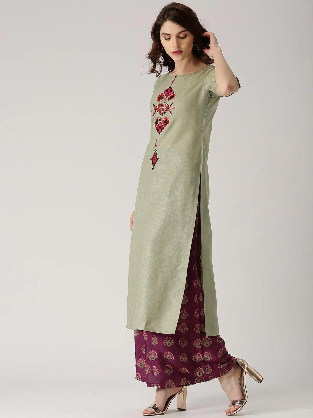 Green Embroidered Cotton Kurta - ShopLibas