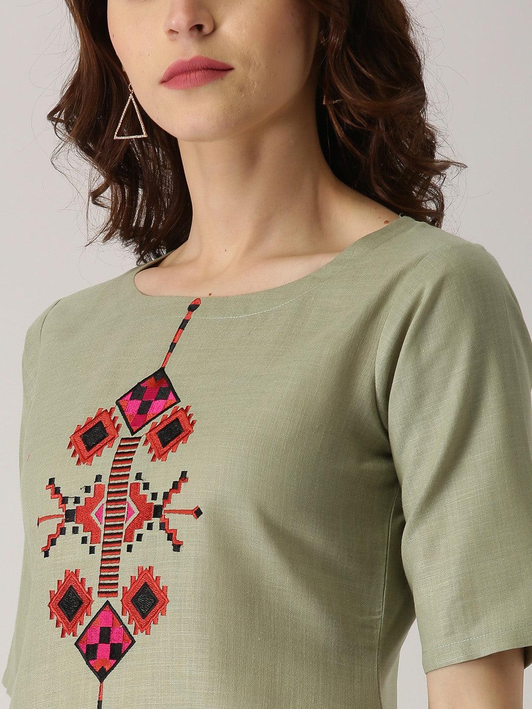 Green Embroidered Cotton Kurta - ShopLibas