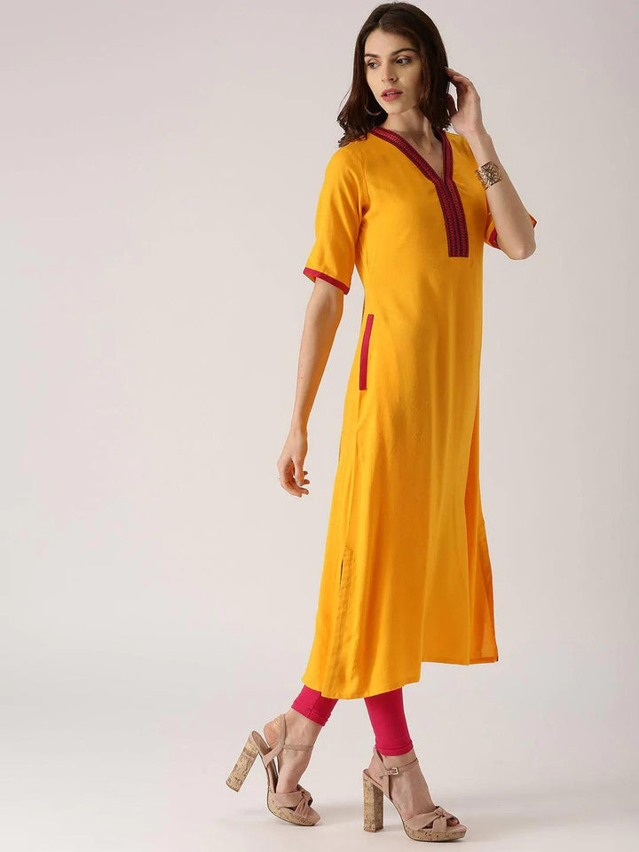 Yellow Solid Rayon Kurta - ShopLibas