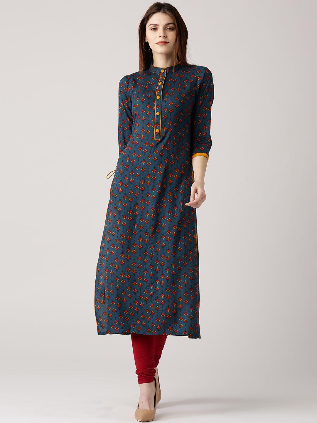 Blue Printed Rayon Kurta