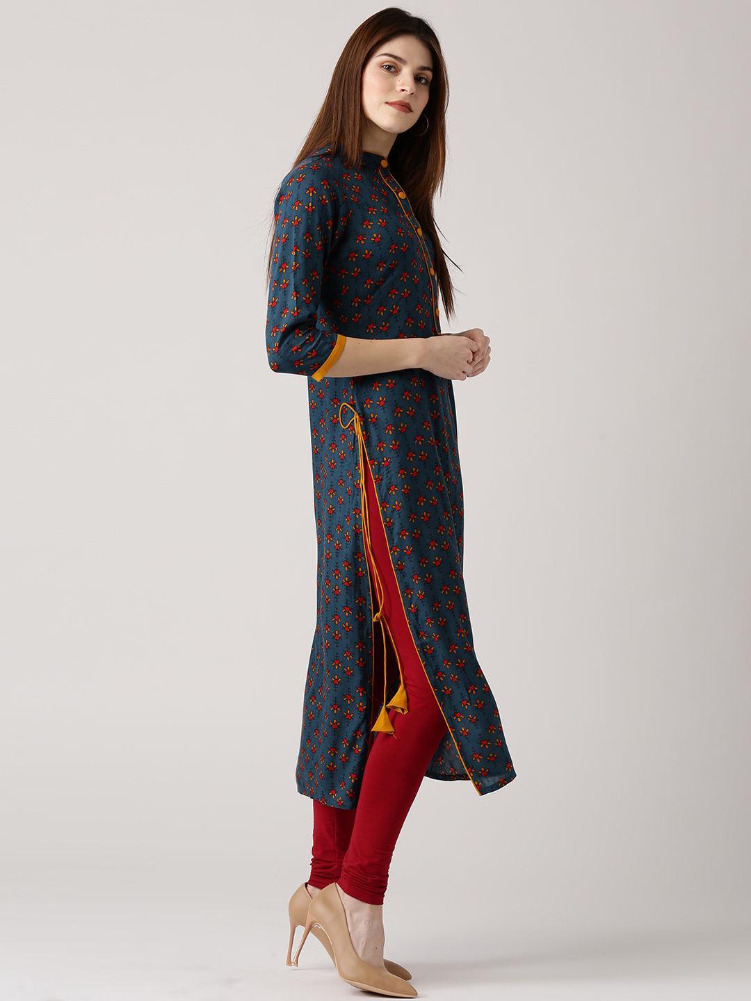 Blue Printed Rayon Kurta