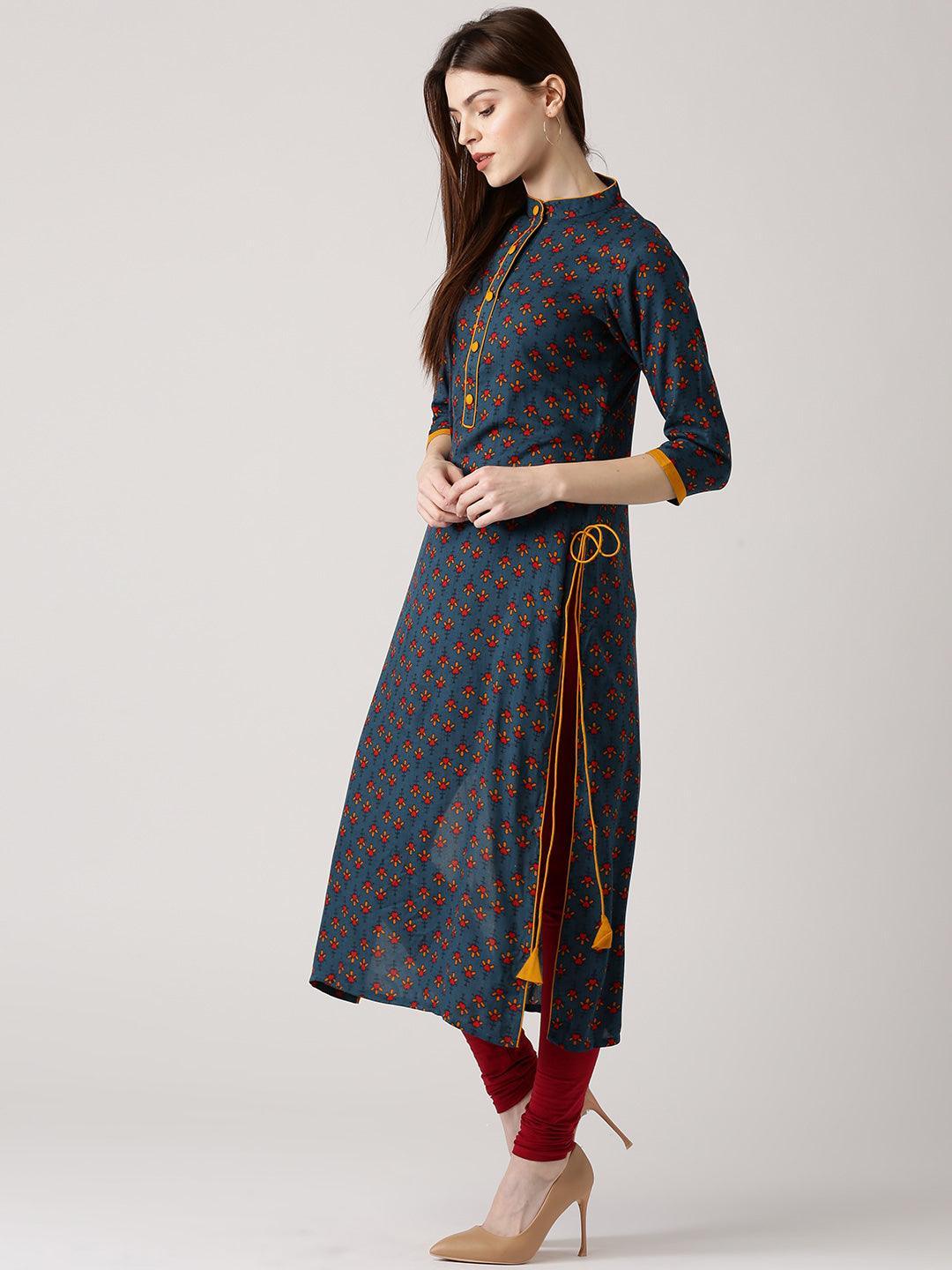 Blue Printed Rayon Kurta